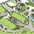 Residential Landscape Featuring Paved Plaza Green Trees Water Feature Lawn And Pedestrians
