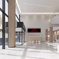 Modern Restaurant Interior With Marble Wall Spiral Staircase Reception Desk Green Plants And Large Windows