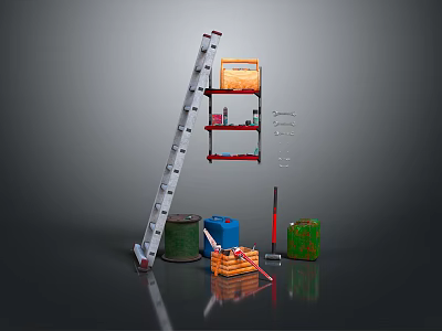 Organized Outdoor Garden Landscape With Metal Ladder Colorful Buckets And Wooden Shelves 3d model