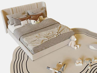 Cozy Kids Bed with Soft Pillows Quilt Stuffed Toy and Neutral Tones Rug Toys 3d model