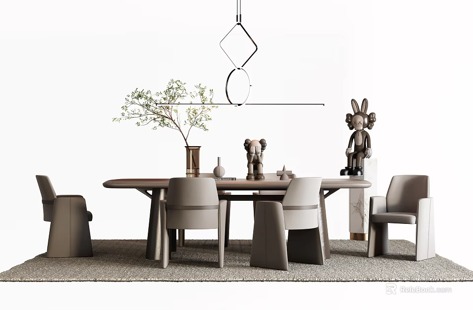 Modern Dining Table Set With Chairs Decorative Statues And Hanging Pendant Light 3d model
