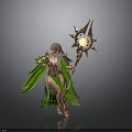 Fantasy Female Character In Green Cape With Glowing Star Staff And Golden Outfit
