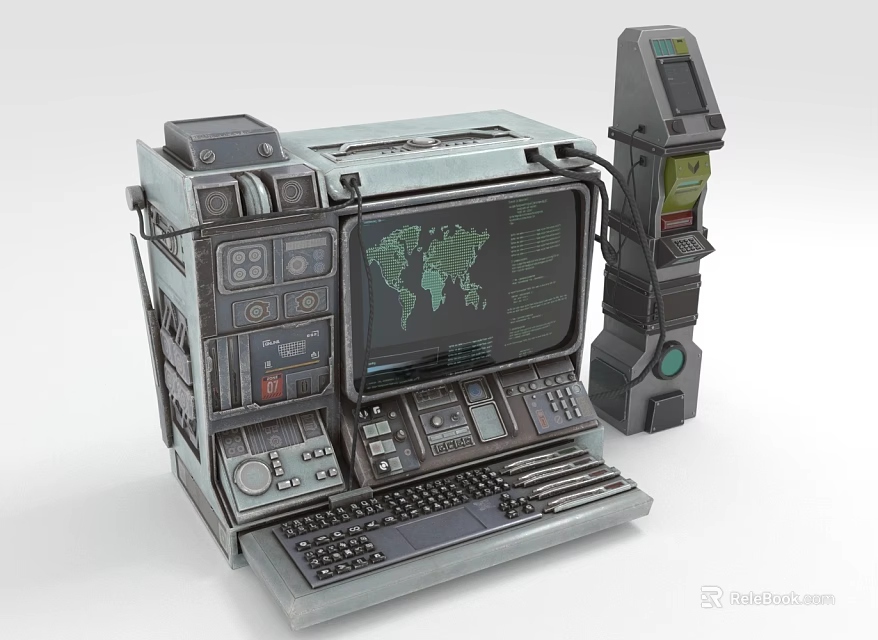 Vintage SciFi Computer Workstation With World Map Screen Control Panels Buttons Keyboard And External Device 3d model 