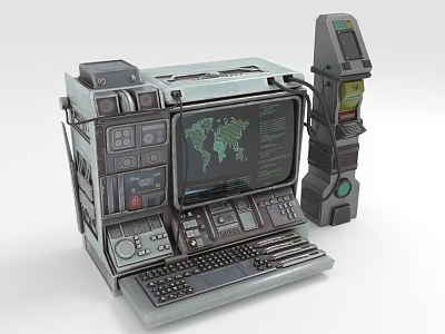 Vintage SciFi Computer Workstation With World Map Screen Control Panels Buttons Keyboard And External Device 3d model