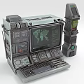 Vintage SciFi Computer Workstation With World Map Screen Control Panels Buttons Keyboard And External Device