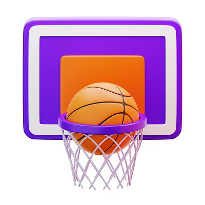 Purple Framed Basketball Hoop With Orange Backboard And Net Holding Orange Ball 3d model
