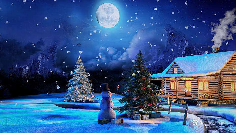 Cartoon Christmas Scene With Full Moon Snowflakes Snowy Mountains Snowman Christmas Trees And Log Cabin 3d model 
