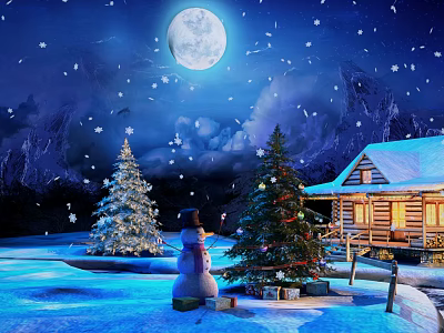 Cartoon Christmas Scene With Full Moon Snowflakes Snowy Mountains Snowman Christmas Trees And Log Cabin 3d model