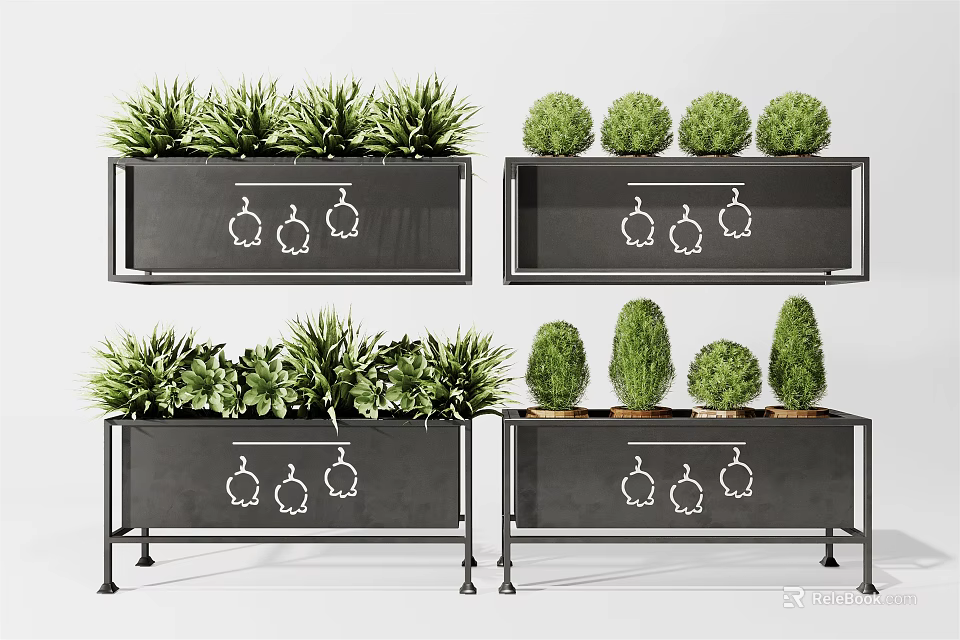 Modern Metal Garden Planter Boxes With Mixed Green Plants And Decorative Hooks 3d model 