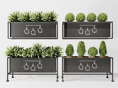Modern Metal Garden Planter Boxes With Mixed Green Plants And Decorative Hooks 3d model