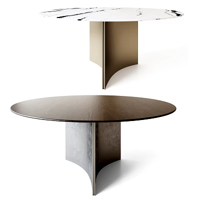 Modern Round Dining Table With Wooden Top And Metal Pedestal Design 3d model