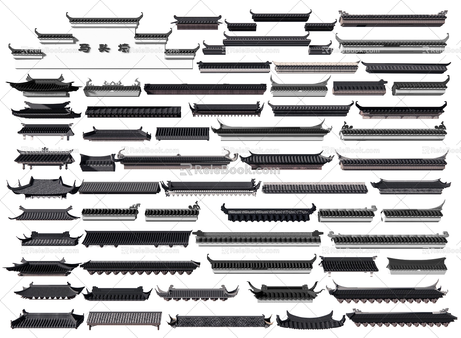 Chinese Eaves Cornice Line Ancient Building Eaves Flying Ridge Roof Ridge Horse Head Wall Tile Door Head Wall Head Roof Style Building Components 3d model