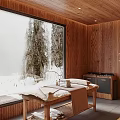 SPA Sauna Room With Wooden Interior And Snow View