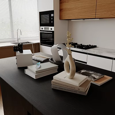 Modern Open Concept Kitchen With Black Countertop Marble Cabinets And Oven 3d model