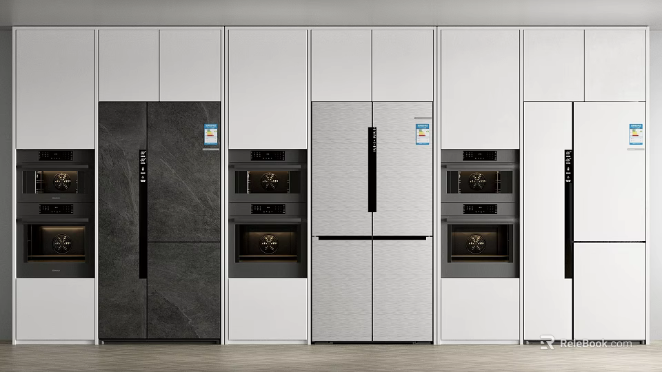 Modern Kitchen Refrigerators And Freezers With Stainless Steel And Black Finishes 3d model 
