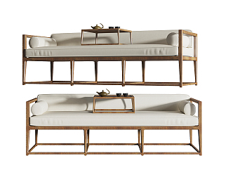 New Chinese-style Rohan Bed Double Sofa Wooden Multi-person Sofa 3d model