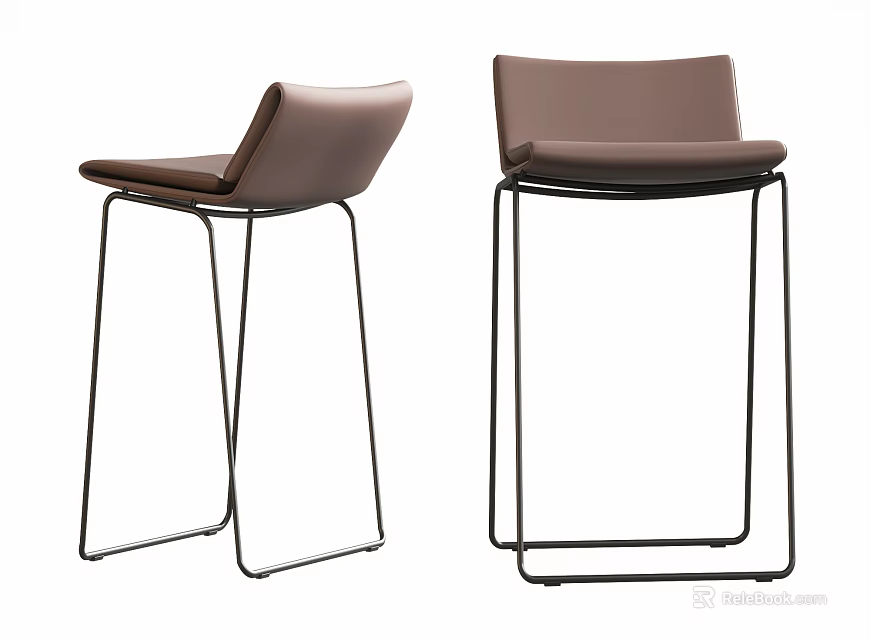 Modern Bar Stools With Brown Leather Seats And Black Metal Frames 3d model