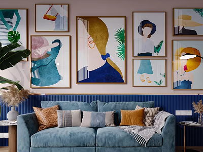 Blue Two Seater Sofa With Colorful Throw Pillows And Blanket Against Decorative Wall Art 3d model