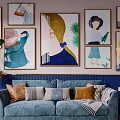 Blue Two Seater Sofa With Colorful Throw Pillows And Blanket Against Decorative Wall Art