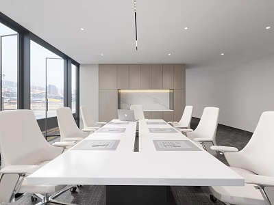 Modern Conference Room With White Long Table White Chairs Floor-to-Ceiling Windows City View And Wooden Accent Wall 3d model