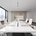 Modern Conference Room With White Long Table White Chairs Floor-to-Ceiling Windows City View And Wooden Accent Wall