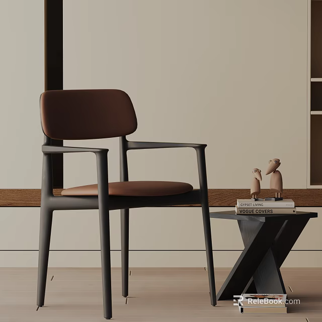 Modern Dining Chair With Brown Leather Seat Black Metal Arms And Side Table Figurines 3d model 