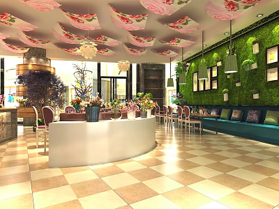 Stylish Restaurant Interior With Green Wall Flower Decorations Chandeliers Checkerboard Floor And Sofa Seating 3d model