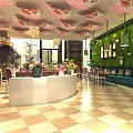 Stylish Restaurant Interior With Green Wall Flower Decorations Chandeliers Checkerboard Floor And Sofa Seating