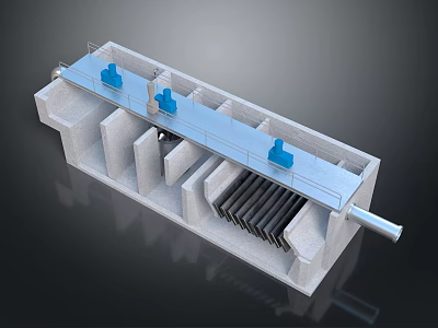 Concrete Water Control Structure With Blue Equipment Metal Grilles And Pipeline 3d model