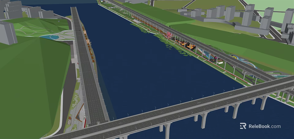 Scenic Waterfront Landscape Design With River Bridge Road Greenbelt And Walkway 3d model 