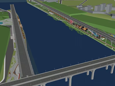 Scenic Waterfront Landscape Design With River Bridge Road Greenbelt And Walkway 3d model