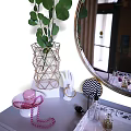 Light Purple Dressing Table With Round Mirror Cosmetics On Tray Wooden Chair And Green Plant