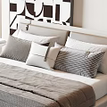 Modern Minimalist Double Bed with Pillows Nightstand Artwork and Wooden Floor
