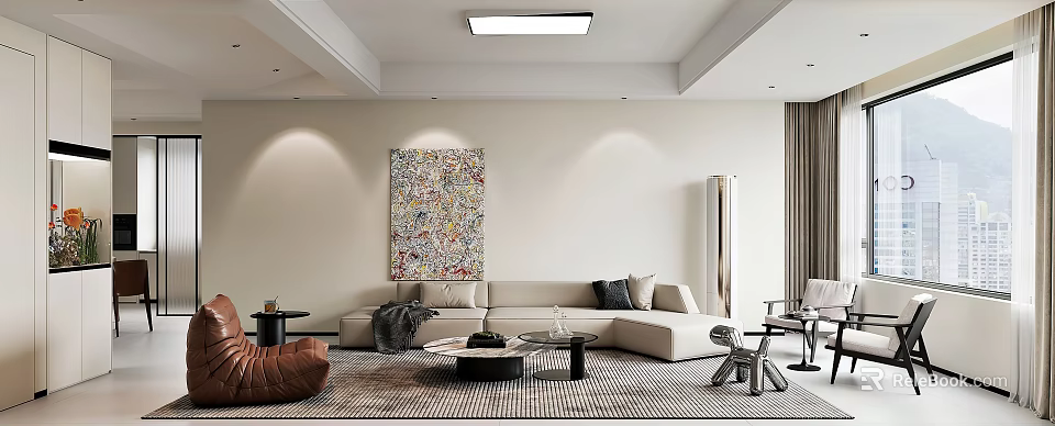 Modern Living Dining Room Interior with Beige Sofa Colorful Abstract Painting Brown Armchair and Rug 3d model 