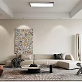 Modern Living Dining Room Interior with Beige Sofa Colorful Abstract Painting Brown Armchair and Rug