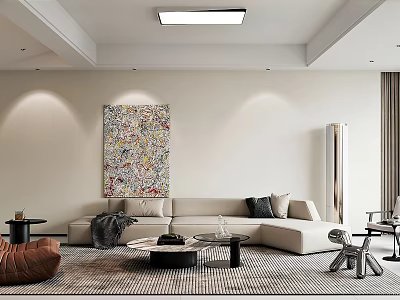 Modern Living Dining Room Interior with Beige Sofa Colorful Abstract Painting Brown Armchair and Rug 3d model