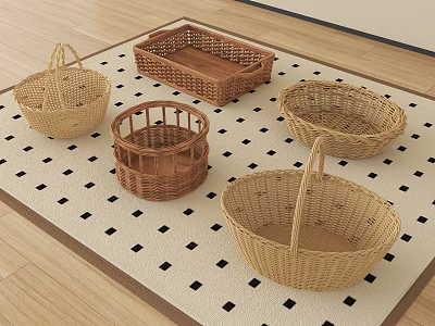 Woven Storage Baskets In Various Shapes For Home Organization On Checkered Rug 3d model