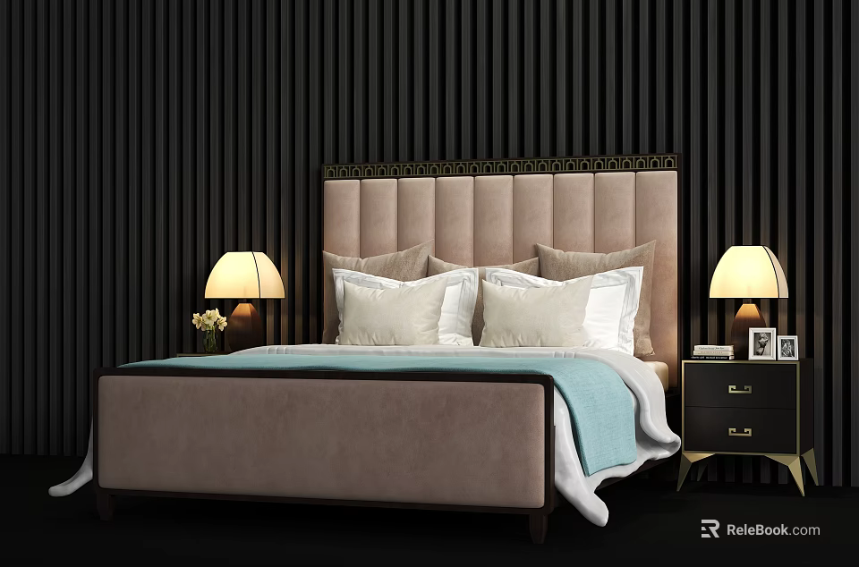 Upholstered Double Bed with Tufted Headboard Nightstands Table Lamps and Pillows Against Dark Striped Wall 3d model 