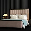 Upholstered Double Bed with Tufted Headboard Nightstands Table Lamps and Pillows Against Dark Striped Wall