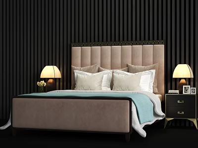 Upholstered Double Bed with Tufted Headboard Nightstands Table Lamps and Pillows Against Dark Striped Wall 3d model