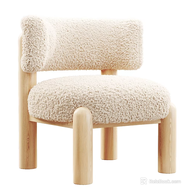 Beige Fluffy Upholstered Armchair With Wooden Legs And Modern Cozy Design 3d model 