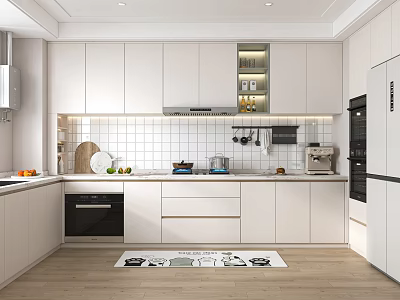Modern Kitchen Interior With White Cabinets Tile Backsplash And Wooden Floor Counter 3d model