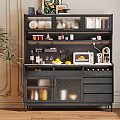 Modern Black Sideboard With Wine Bottles Glasses Food Items And Decorations
