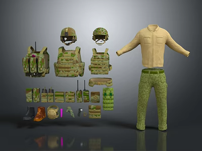 Military Combat Gear Collection Featuring Helmet Body Armor Uniform Pants And Accessories 3d model