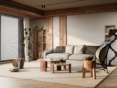 Modern Living Room With Cozy Sofa Coffee Tables Wooden Elements And Soft Rug 3d model