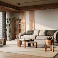 Modern Living Room With Cozy Sofa Coffee Tables Wooden Elements And Soft Rug