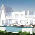 Modern White Vacation Rental Building With Glass Structure Gabled Roof And Swimming Pool