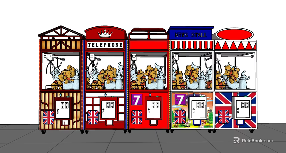 Vintage Funfair Amusement Equipment with British Flag Design Telephone Booth and Candy Store Booths 3d model 