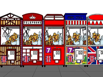 Vintage Funfair Amusement Equipment with British Flag Design Telephone Booth and Candy Store Booths 3d model