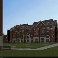 Detached Villa with Red Brick Exterior Multi Story Design and Landscaped Garden Lawn Trees